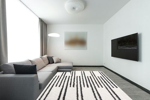 Eyely HOM406A-8 Moroccan Hype Petra Stripe Geometric Shag Indoor Area Rug Bohemian;Transitional;Modern, Bedroom, Kitchen, Living Room, Easy-Cleaning, Non-Shedding, 8 X 10, White/Gray in Modern Living Room with Grey Couch