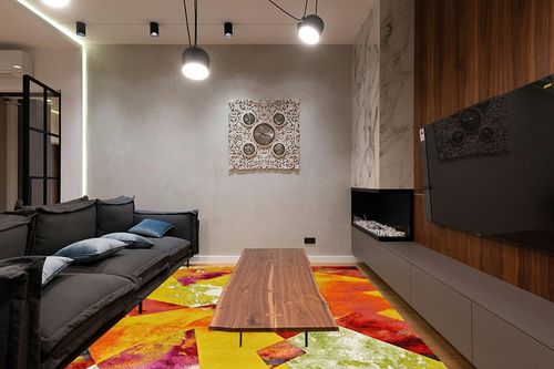 Unique Loom Lyon Collection Modern Abstract Colorful Prism Area Rug, 8 x 10 Feet, Multi/Yellow in Dark Wood Living Room with Black Couch