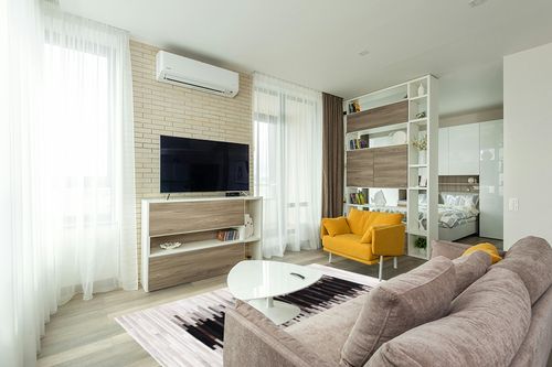 Safavieh Studio Leather Collection Area Rug - 5' x 8', Grey & Brown, Handmade Modern Natural Hide, Ideal for High Traffic Areas in Living Room, Bedroom (STL818F) in Light Modern Living Room with TV