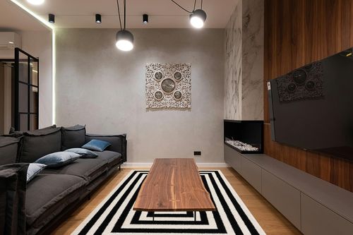 Abani Contemporary Black & Ivory 6' x 9' Area Rug, Contrasting Geometric Modern Stripe Symmetrical Living Room Carpet Rugs in Dark Wood Living Room with Black Couch