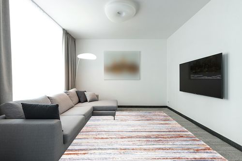 Safavieh Berber Shag Collection Area Rug - 9' x 12', Blue Rust & Ivory, Stripe Design, Non-Shedding & Easy Care, 1.25-inch Thick Ideal for High Traffic Areas in Living Room, Bedroom (BER565A) in Modern Living Room with Grey Couch