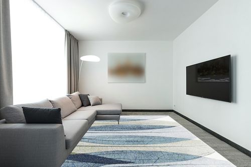 SAFAVIEH Hollywood Collection Area Rug - 9' x 12', Ivory & Blue, Mid-Century Modern Design, Non-Shedding & Easy Care, Ideal for High Traffic Areas in Living Room, Bedroom (HLW703A) in Modern Living Room with Grey Couch