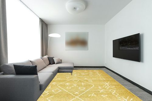 Unique Loom Rabat Shag Collection Modern Tribal Moroccan Inspired Plush & Soft Nomad Design Area Rug (9' 0 x 12' 0 Rectangular, Yellow/ Ivory) in Modern Living Room with Grey Couch