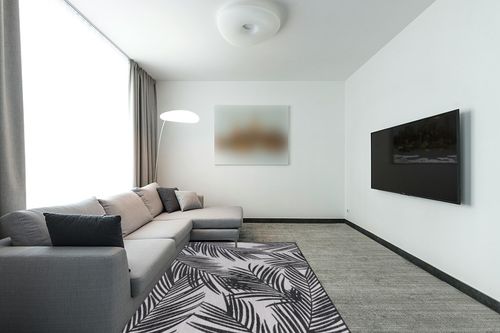 Rugshop Contemporary Distressed Leaves Textured Flat Weave Easy Cleaning Outdoor Rugs for Deck,Patio,Backyard Indoor/Outdoor Area Rug 5' x 7' Black in Modern Living Room with Grey Couch