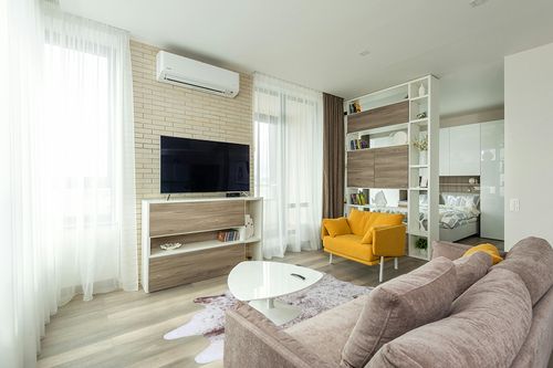 Sunshine Cowhides Genuine Salt and Pepper Brown and White Cowhide Rug - Luxurious Cow Rug for Bedroom, Living Room, and Home Decor - Masterpiece of Style and Functionality - 6x7ft (180x210cm) in Light Modern Living Room with TV