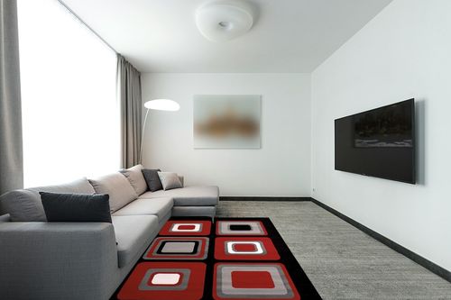 United Weavers Dallas Spaces Accent Rug in Modern Living Room with Grey Couch