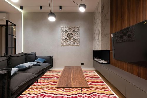 SAFAVIEH Wyndham Collection Area Rug - 8' x 10', Red & Multi, Handmade Modern Wool, Ideal for High Traffic Areas in Living Room, Bedroom (WYD317B) in Dark Wood Living Room with Black Couch