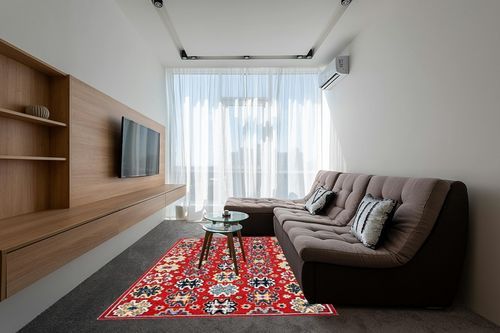 SAFAVIEH Heritage Collection Area Rug - 6' x 9', Red & Blue, Handmade Traditional Oriental Wool, Ideal for High Traffic Areas in Living Room, Bedroom (HG746Q) in Grey Living Room with Brown Couch