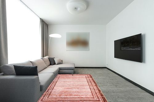 Lahome Modern Abstract Area Rug, Washable 5x7 Bedroom Area Rugs Girls for Living Room Dining Room Soft Stain Resisitant Minimalist Bordered Solid Large Entryway Floor Carpet, Pink in Modern Living Room with Grey Couch