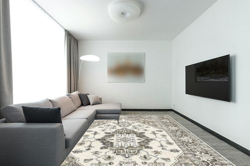 Area Rug Living Room Rugs: 9x12 Large Machine Washable Boho Carpet Vintage Medallion Floral Indoor Non Slip Decor Carpets for Under Dining Table Bedroom Farmhouse Nursery Home Office Beige Brown in Modern Living Room with Grey Couch