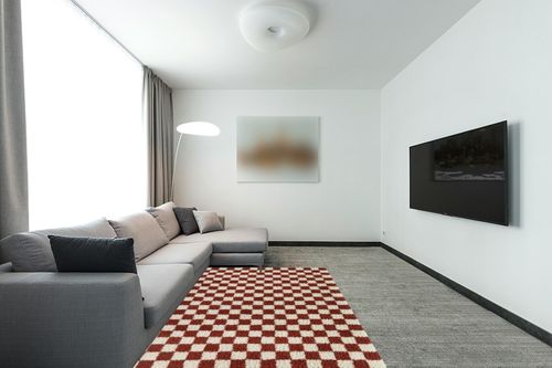 Balta Rugs Oslo Checkered Shag Rug, Red, 5' 3" x 7' in Modern Living Room with Grey Couch