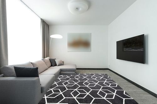 JONATHAN Y SEU101A-8 Tumbling Blocks Modern Geometric Indoor Area-Rug Contemporary Casual Easy-Cleaning Bedroom Kitchen Living Room Non Shedding, 8 X 10, Black/White in Modern Living Room with Grey Couch