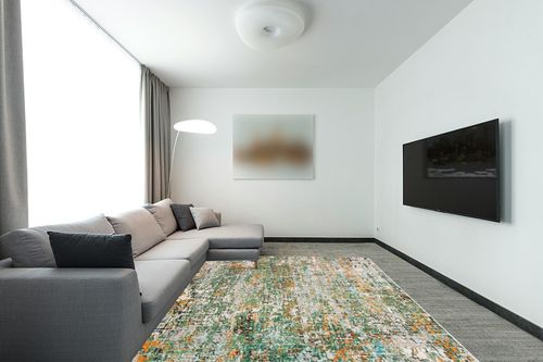 Green/Turquoise Contemporary Shed Resistant, Stain Resistant Living Room Area Rug in Modern Living Room with Grey Couch