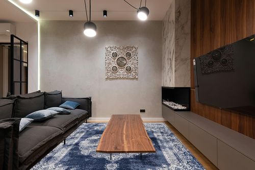 Eyely PDM403D-8 Modern Rosalia Cottage Medallion Indoor Area Rug Bohemian;Traditional;Vintage, Bedroom, Kitchen, Living Room, Easy-Cleaning, Non-Shedding, 8 X 10, Navy/Ivory in Dark Wood Living Room with Black Couch