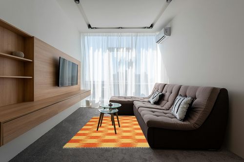 SAFAVIEH Montauk Collection Area Rug - 5' x 8', Yellow & Orange, Handmade Fringe Cotton, Ideal for High Traffic Areas in Living Room, Bedroom (MTK721C) in Grey Living Room with Brown Couch