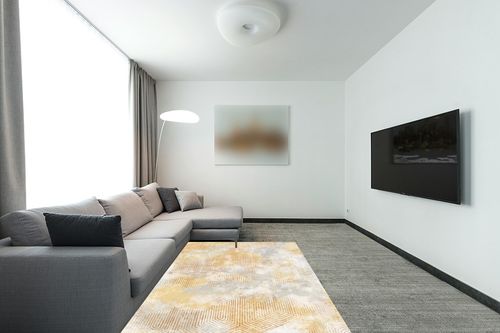Art&Tuft Washable Rug, Anti-Slip Backing Abstract Area Rug 5x7, Stain Resistant Rugs for Living Room, Foldable Machine Washable Area Rug(TPR21-Yellow, 5'x7') in Modern Living Room with Grey Couch