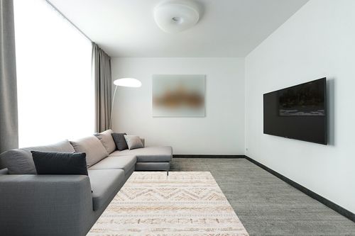 Area Rug Living Room Carpet: 5x7 Large Moroccan Soft Fluffy Geometric Washable Bedroom Rugs Dining Room Home Office Nursery Low Pile Decor Under Kitchen Table Light Brown/Ivory in Modern Living Room with Grey Couch