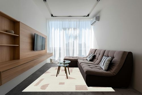 BALTA Gibson Navy 7 ft. 10 in. x 10 ft. Geometric Area Rug, Blue in Grey Living Room with Brown Couch