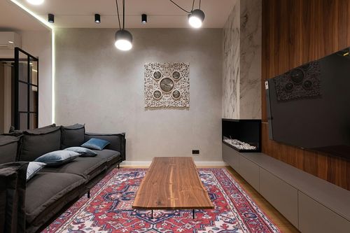 Eyely HSW105A-8 Machine Washable Cirali Ornate Large Medallion Indoor Area Rug Bohemian;Farmhouse;Persian, Bedroom, Kitchen, Living Room, Easy-Cleaning, Non-Shedding, 8 X 10, Red/Navy in Dark Wood Living Room with Black Couch