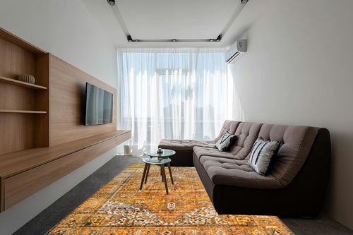 Unique Loom Timeless Collection Area Rug - Peter (8' 4" x 12' 2" Rectangle, Yellow/ Black) in Grey Living Room with Brown Couch