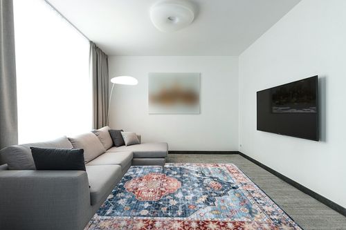 HOMBYS 8x10 Vintage Area Rug for Living Room Bedroom, Large Boho Floor Carpet with Non-Slip Backing for Indoor Office Dining Room, Traditional Home Deco Non-Shedding, Blue, Machine Washable in Modern Living Room with Grey Couch