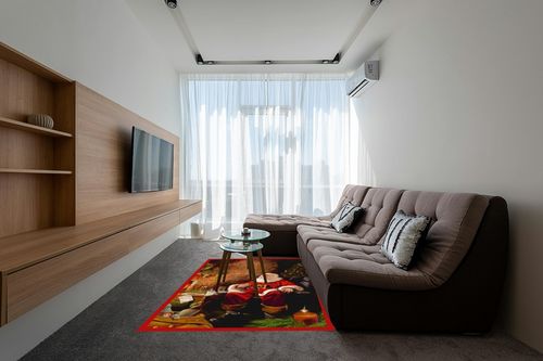 Milliken RJ McDonald Christmas Party Novelty Rug Rug Size: 5'4" x 7'8" in Grey Living Room with Brown Couch