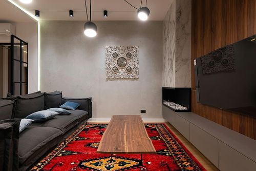 SAFAVIEH Vintage Hamadan Collection Area Rug - 8' x 10', Red & Black, Traditional Oriental Design, Non-Shedding & Easy Care, Ideal for High Traffic Areas in Living Room, Bedroom (VTH251Q) in Dark Wood Living Room with Black Couch