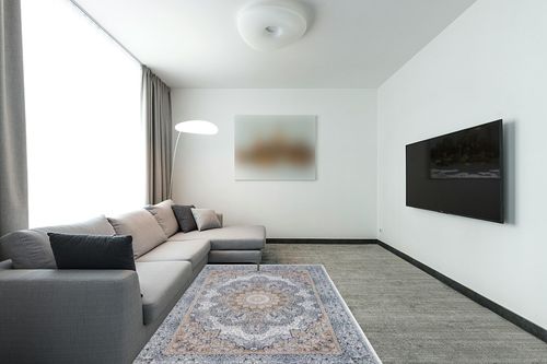 5x7 Area Rugs for Living Room: Machine Washable Rug with Non-Slip Backing Non-Shedding Stain Resistant, Boho Carpet for Bedroom Dining Room Nursery Home Office Indoor Decor (Blue/Brown) in Modern Living Room with Grey Couch