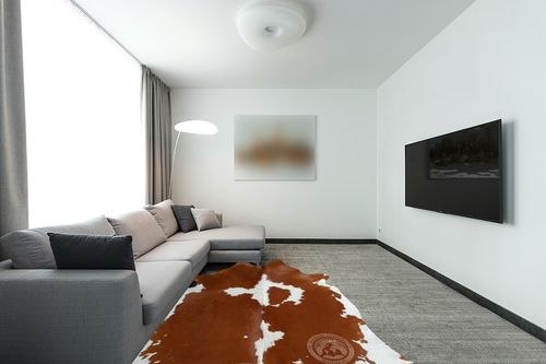 Genuine Brown and White Cowhide Rug XL 6 x 7-8 ft. 180 x 240 cm in Modern Living Room with Grey Couch