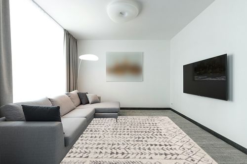 JONATHAN Y MOH210A-8 Ziri Moroccan Geometric Indoor Farmhouse Area-Rug Bohemian Minimalistic Easy-Cleaning Bedroom Kitchen Living Room Non Shedding, 8 X 10, Cream,Gray in Modern Living Room with Grey Couch