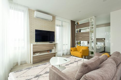 Geometric Beige Area Rug Dakota Fields Rug Size: Rectangle 7'10" x 11' in Light Modern Living Room with TV
