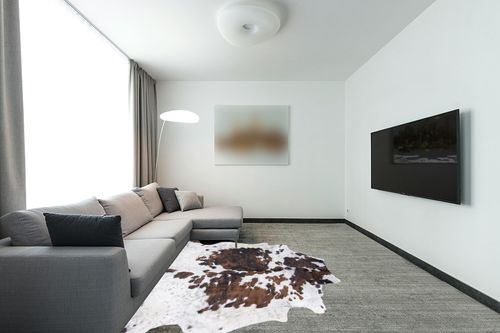 rodeo Genuine Cowhide Rug: Hand-Picked & Authentic Real Cowhide Rug for Western Home Decor - Texas Rug Extra Large - Rustic Rug, Cow Hide Carpet Rugs TR68 Size Approx 6x8 ft (180x240 cm) in Modern Living Room with Grey Couch