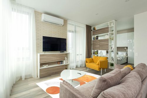 MeganJDesigns White Orange Mid-Century Modern Minimalist Wool Area Rug 5x7 Washable Soft Country Rustic Rug for Living Room Bedroom Dining Room Indoor Art Deco Home Office Plush Throw Rug in Light Modern Living Room with TV