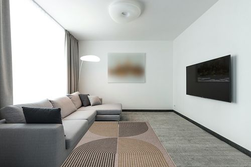 Lahome Modern Rainbow Easy Jute Rug, Washable 5x7 Area Rugs for Living Room Black Farmhouse Dining Room Rug, Contemporary Natural Throw Mat Non Slip Floor Carpet for Office RV Patio in Modern Living Room with Grey Couch
