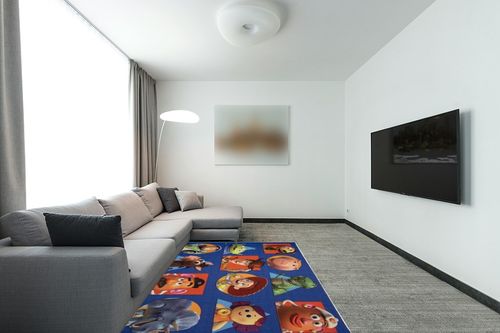 Gertmenian Disney Toy Story Rug Boys Girls Childrens Bedroom Decor Kids Home Play Room Mat Bedding Area Carpet, 54x78 Large, Pixar Multi-Colored Navy Blue in Modern Living Room with Grey Couch