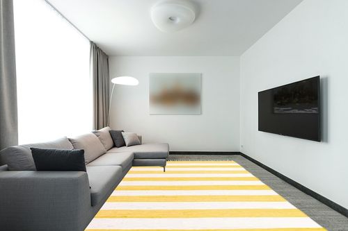Unique Loom Chindi Rag Collection Area Rug - Striped (9' x 12' 2" Rectangle, Yellow and Ivory) in Modern Living Room with Grey Couch