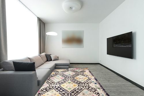 SAFAVIEH Madison Collection Area Rug - 6' x 9', Black & Yellow, Boho Diamond Distressed Design, Non-Shedding & Easy Care, Ideal for High Traffic Areas in Living Room, Bedroom (MAD418Z) in Modern Living Room with Grey Couch