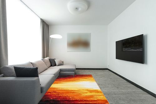 Unique Loom Metro Collection Contemporary Abstract Bright Warm Candle Light Area Rug, 5 ft x 8 ft, Orange/Yellow in Modern Living Room with Grey Couch