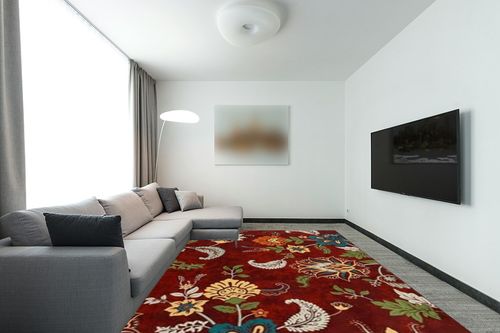 COZYLOOM Large Living Room Area Rug 9x12 Modern Floral Rug Indoor Non-Slip Stain Resistant Throw Rug Flower Farmhouse Floor Cover Washable Boho Accent Carpet for Bedroom Home Decor Office, Red in Modern Living Room with Grey Couch