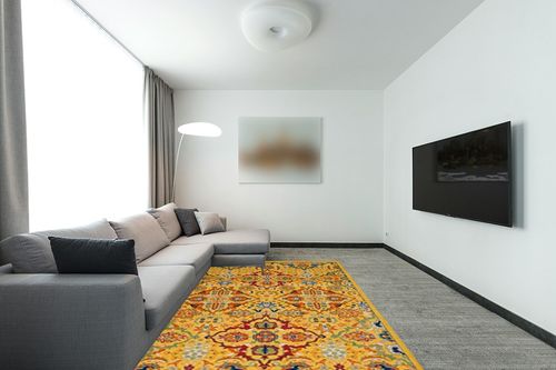 Nourison Allur Traditional Yellow/Multi 6' x 9' Area-Rug, Easy-Cleaning, Non Shedding, Bed Room, Living Room, Dining Room, Kitchen (6x9) in Modern Living Room with Grey Couch