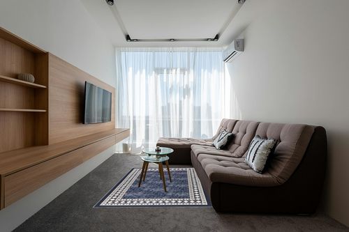 Antep Rugs Alfombras Modern Bordered 5x7 Non-Skid (Non-Slip) Low Profile Pile Rubber Backing Indoor Area Rugs (Navy Blue, 5' x 7') in Grey Living Room with Brown Couch