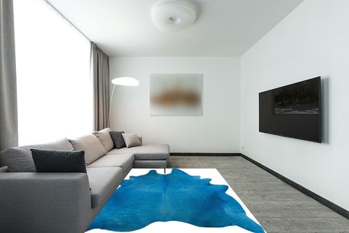Natural Geneva Cowhide Area Rugs for Living Room and Bedroom | Handmade 100% Cow Rug with Low Pile | Shed-Resistant Home and Office Rug, Sky Blue, 6 ft x 7 ft in Modern Living Room with Grey Couch