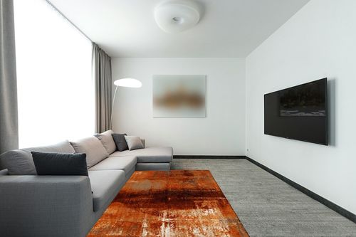 Rectangular Area Rug for Living Room, Bedroom, Burnt Orange Non-Slip Residential Carpet, Kitchen Rugs, Modern Abstract Geometric Art Oil Painted Floor Mat with Rubber Backing 5' x 8' in Modern Living Room with Grey Couch