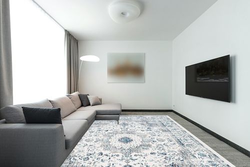 SAFAVIEH Evoke Collection Area Rug - 9' x 12', Ivory & Grey, Shabby Chic Oriental Medallion Design, Non-Shedding & Easy Care, Ideal for High Traffic Areas in Living Room, Bedroom (EVK220D) in Modern Living Room with Grey Couch
