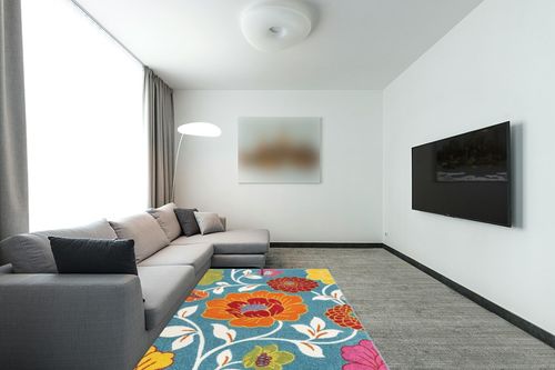 Well Woven StarBright Daisy Flowers Modern Floral Blue 5' x 7' Kids Area Rug in Modern Living Room with Grey Couch