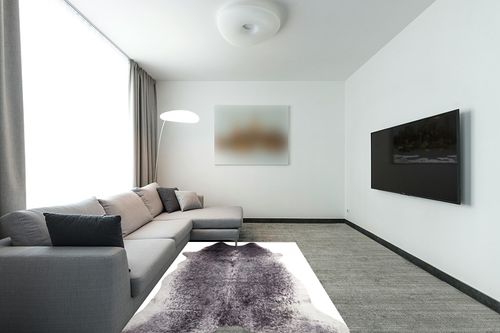 Faux Cowhide Printed (Hairless) Rug 5ft x 6.5ft, Black and White Brindle in Modern Living Room with Grey Couch