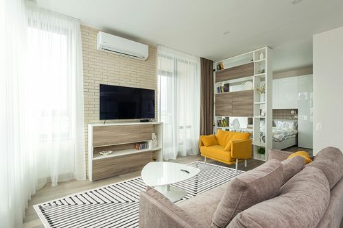 RUGGABLE x Jonathan Adler Washable Rug - Perfect Modern Area Rug for Living Room Bedroom Kitchen - Child Friendly - Stain & Water Resistant - Inkdrop Black & Ivory White 8'x10' (Standard Pad) in Light Modern Living Room with TV