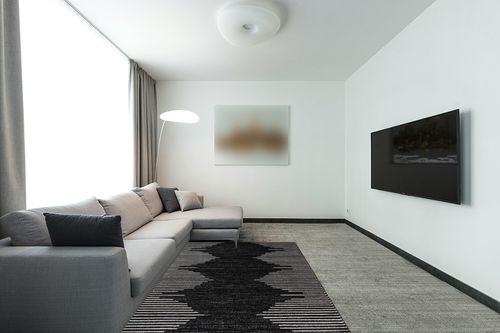 Rugshop Bohemian Stripe Stain Resistant High Traffic Living Room Kitchen Bedroom Dining Home Office Area Rug 5'x7' Black in Modern Living Room with Grey Couch