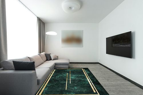 Luxury Emerald Green Gold Geometric Lines Area Rug, Non Slip Noise Reduction Kids Rugs, for Room Sofa Living Room Mat Bedroom Home Decor Floor Mats,6 x 8ft in Modern Living Room with Grey Couch