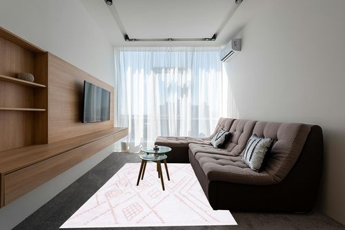 Safavieh Augustine Collection Area Rug - 6'4" x 9'6", Ivory & Pink, Moroccan Boho Fringe Design, Non-Shedding & Easy Care, Ideal for High Traffic Areas in Living Room, Bedroom (AGT835U) in Grey Living Room with Brown Couch